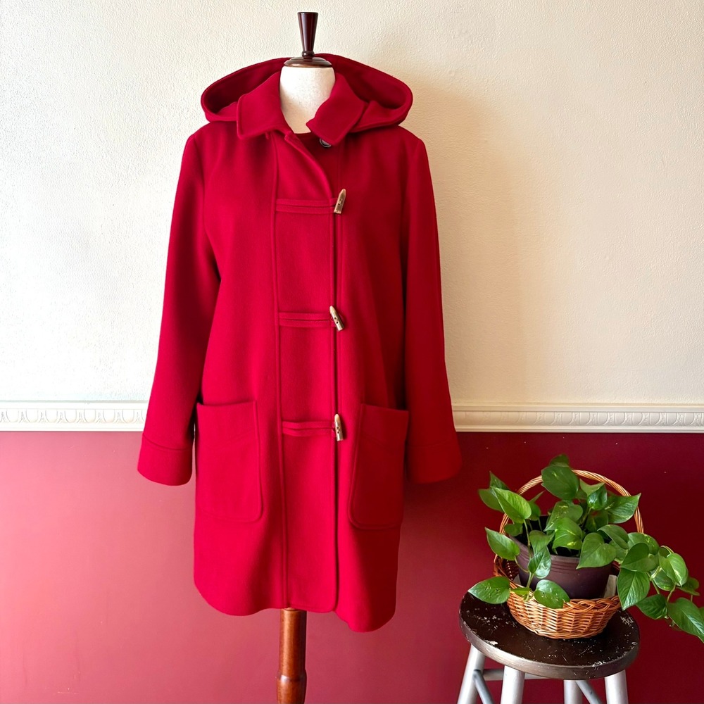 Vintage Alfred Dunner Red Wool Duffle Coat Womens 12 Hooded Toggle Winter Jacket